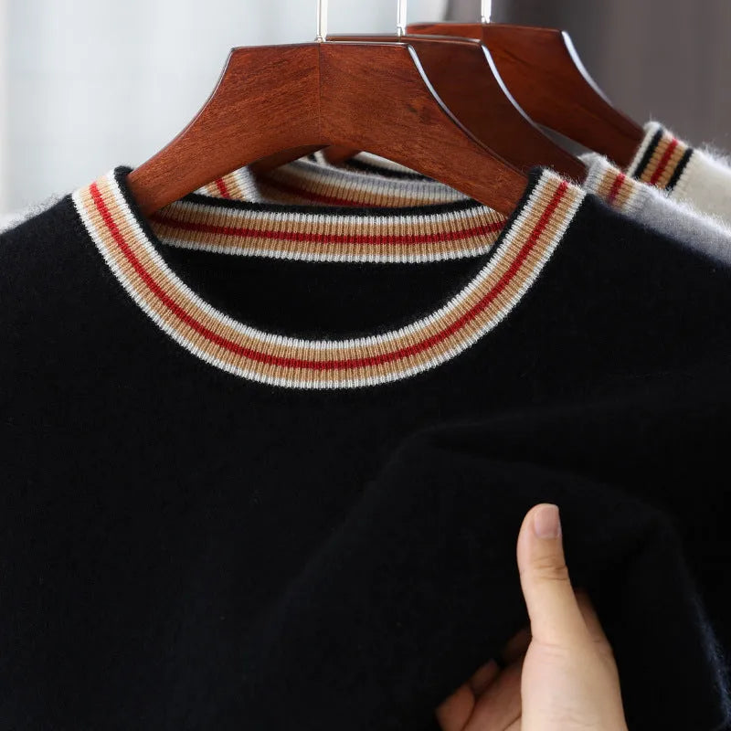 Men's grey pure wool short sleeve sweater with a round neck on a hanger.