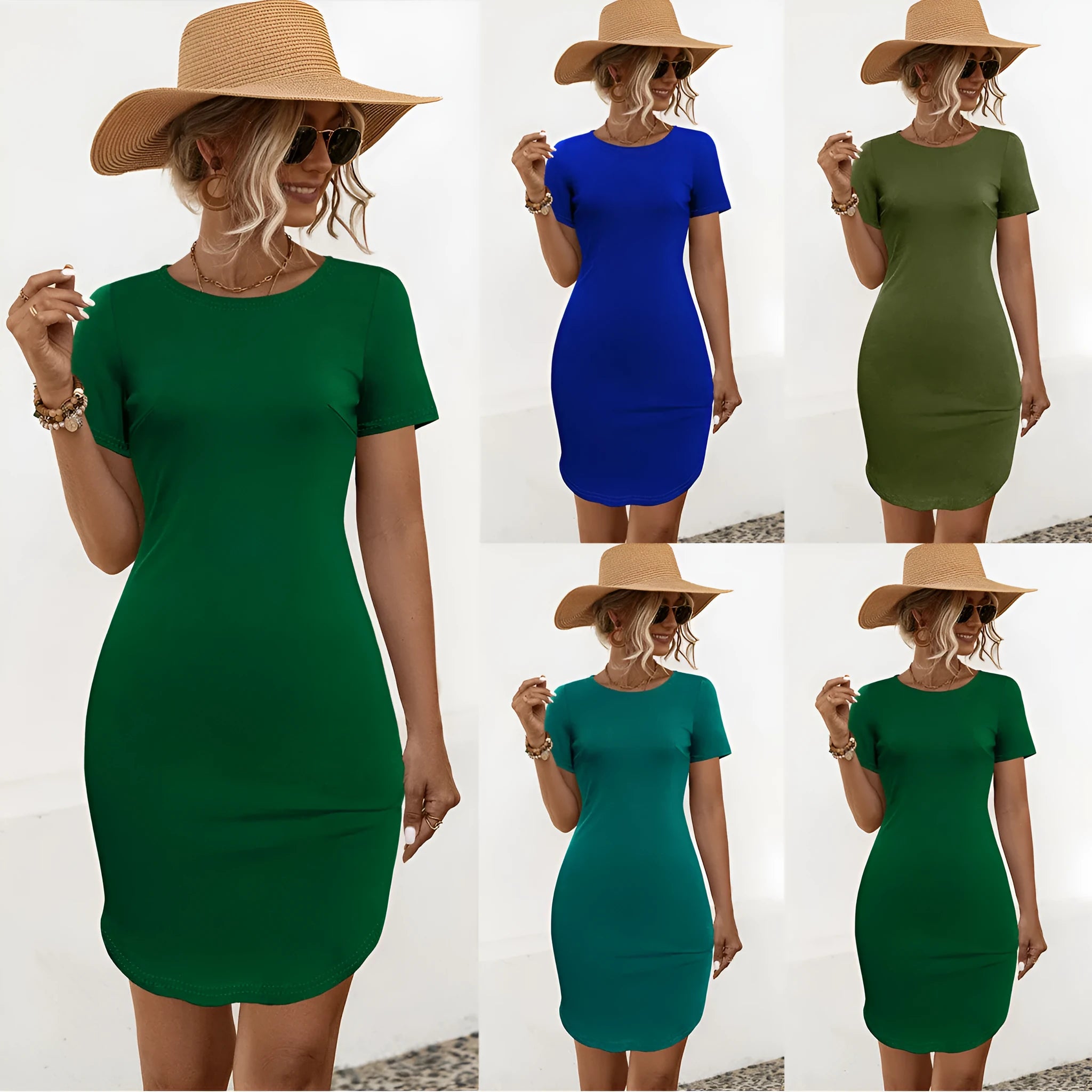 Women's slim fit dark green dress with U-neck, short sleeves, and a side split detail.