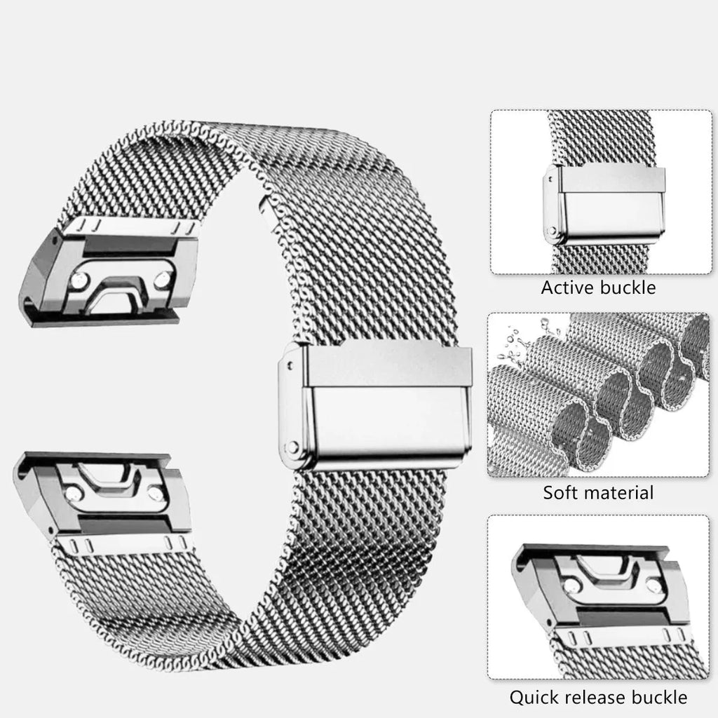 Garmin Fenix stainless steel card strap replacement band in silver colour showing watch attachment mechanism