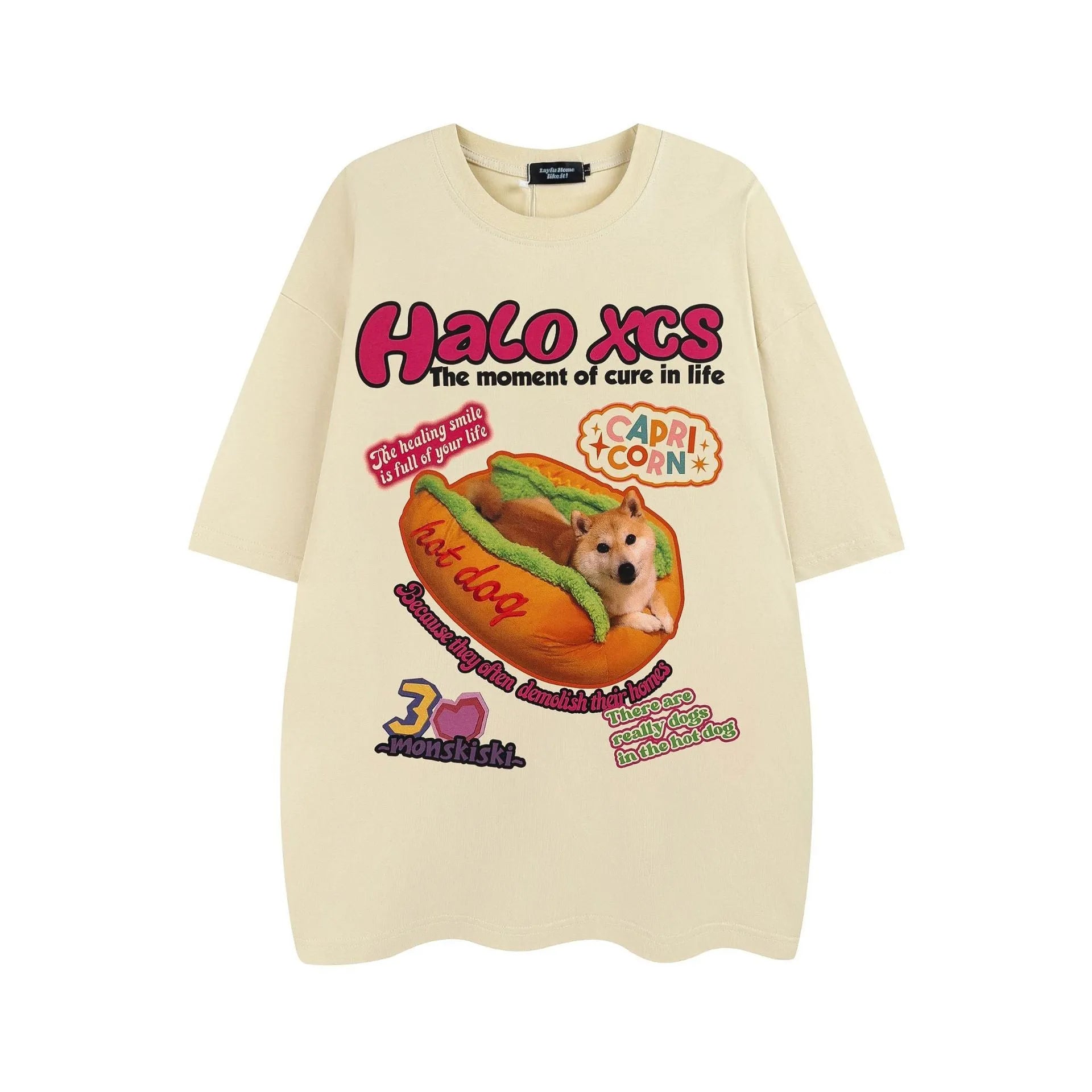 Cotton cartoon hamburger dog printed T-shirt in loose fit with round neck collar