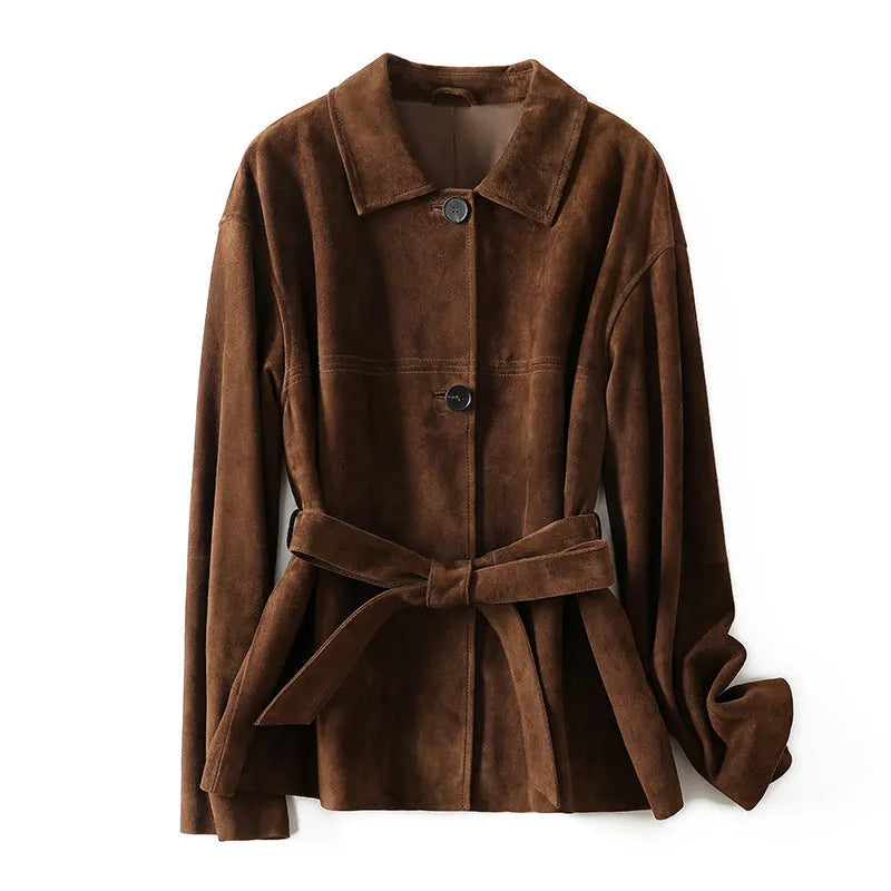 Women's retro style cashmere coat with peter pan collar and leather belt in loose mid-length fit