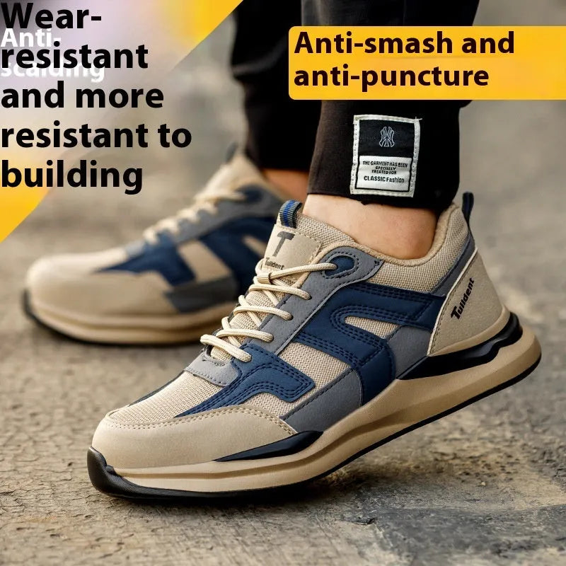 Summer breathable safety shoes for men cow leather upper anti smash anti stab low cut khaki colour construction industry
