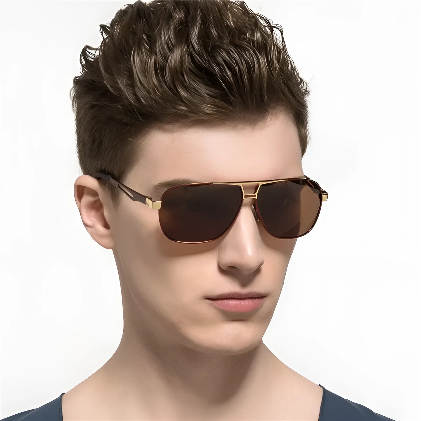 Men's orange red polarised aviator sunglasses with metal frame.
