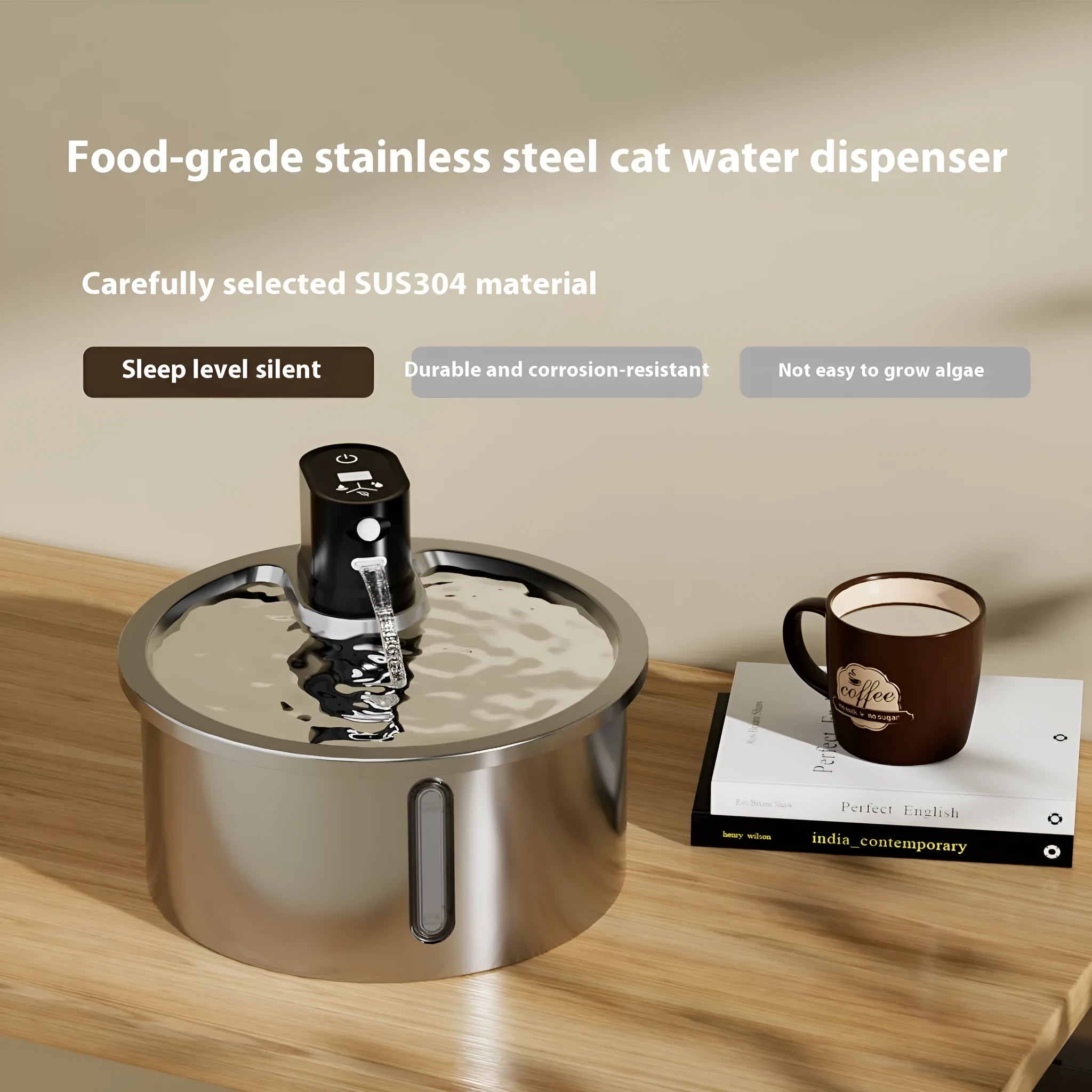 Stainless steel cat water fountain with ceramic base and LED temperature display