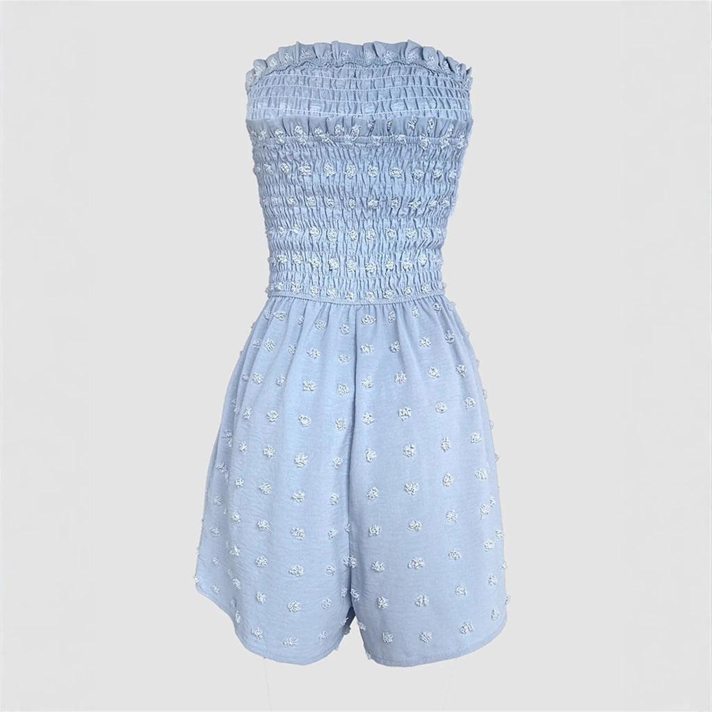 Women's sleeveless off-shoulder jumpsuit in blue polyester casual Japanese Korean style