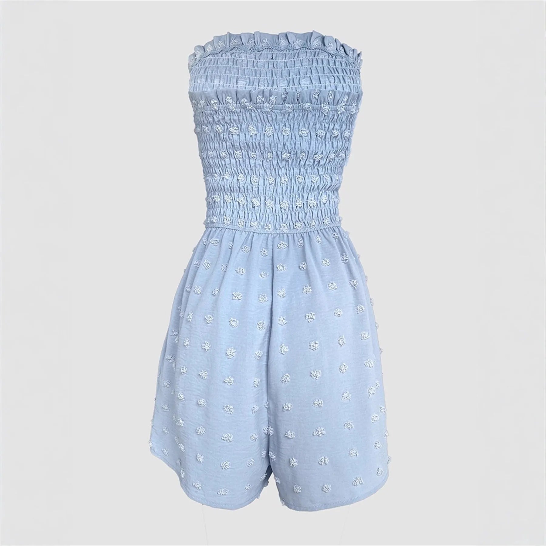 Women's sleeveless off-shoulder jumpsuit in blue polyester casual Japanese Korean style