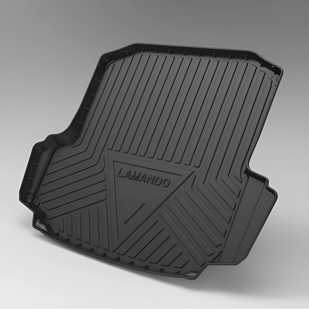 Black TPE car trunk pad with carbon fibre pattern installed in vehicle tailbox
