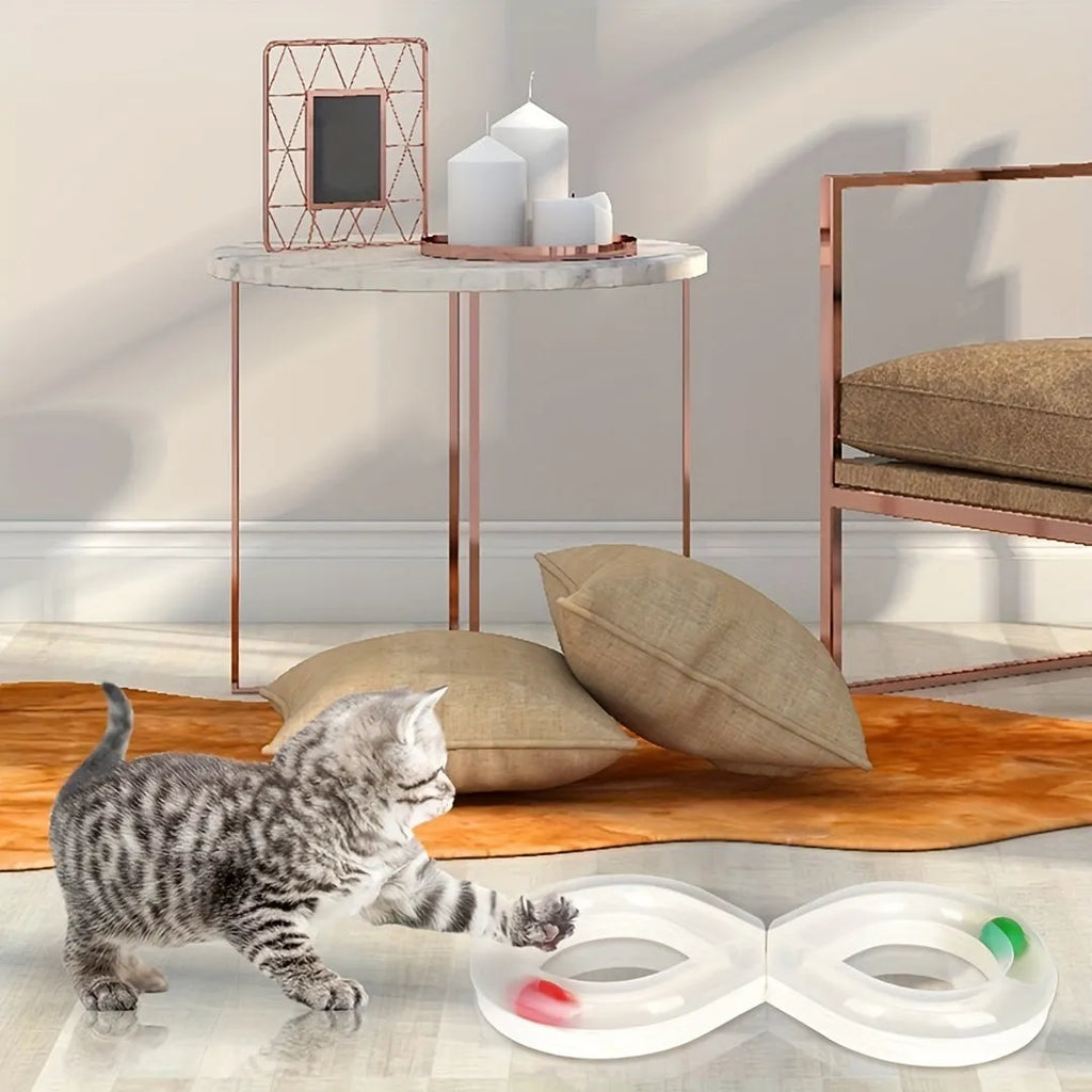 Blue and white cat turntable track ball toy with spinning mechanism for interactive play