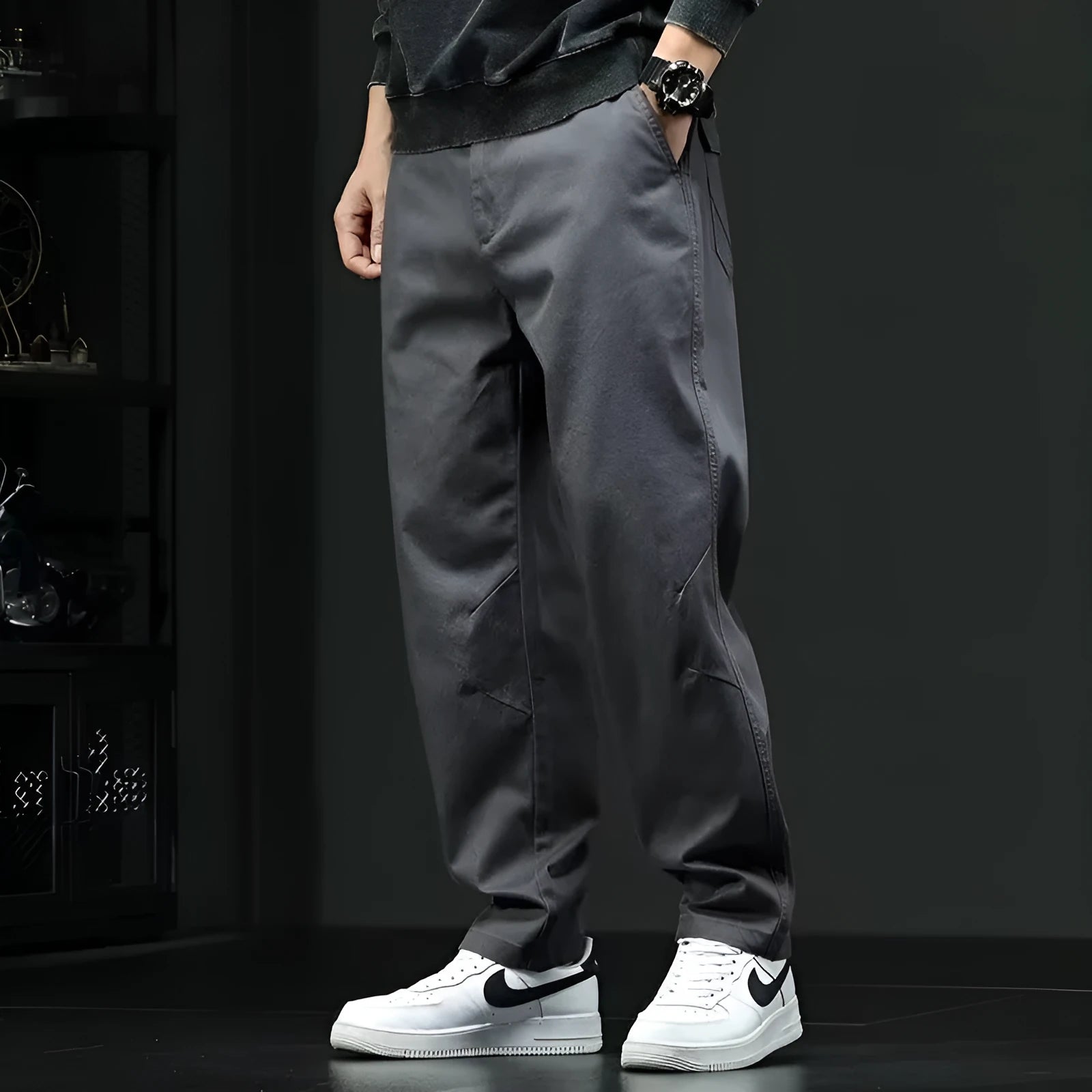 American style loose straight casual cotton trousers for men in black, mid waist, size M to 3XL
