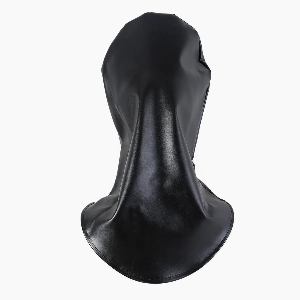 Black leather fetish mask with eyeholes and adjustable strap for BDSM training