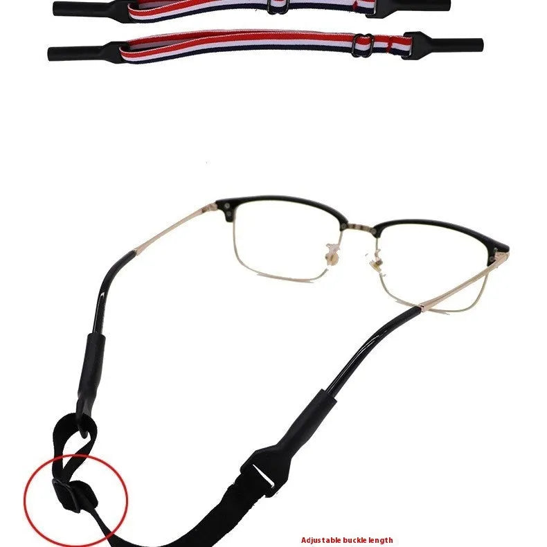 Black adjustable glasses retention cord with silicone temple hooks and fibre rope, shown in adult and children's sizes.