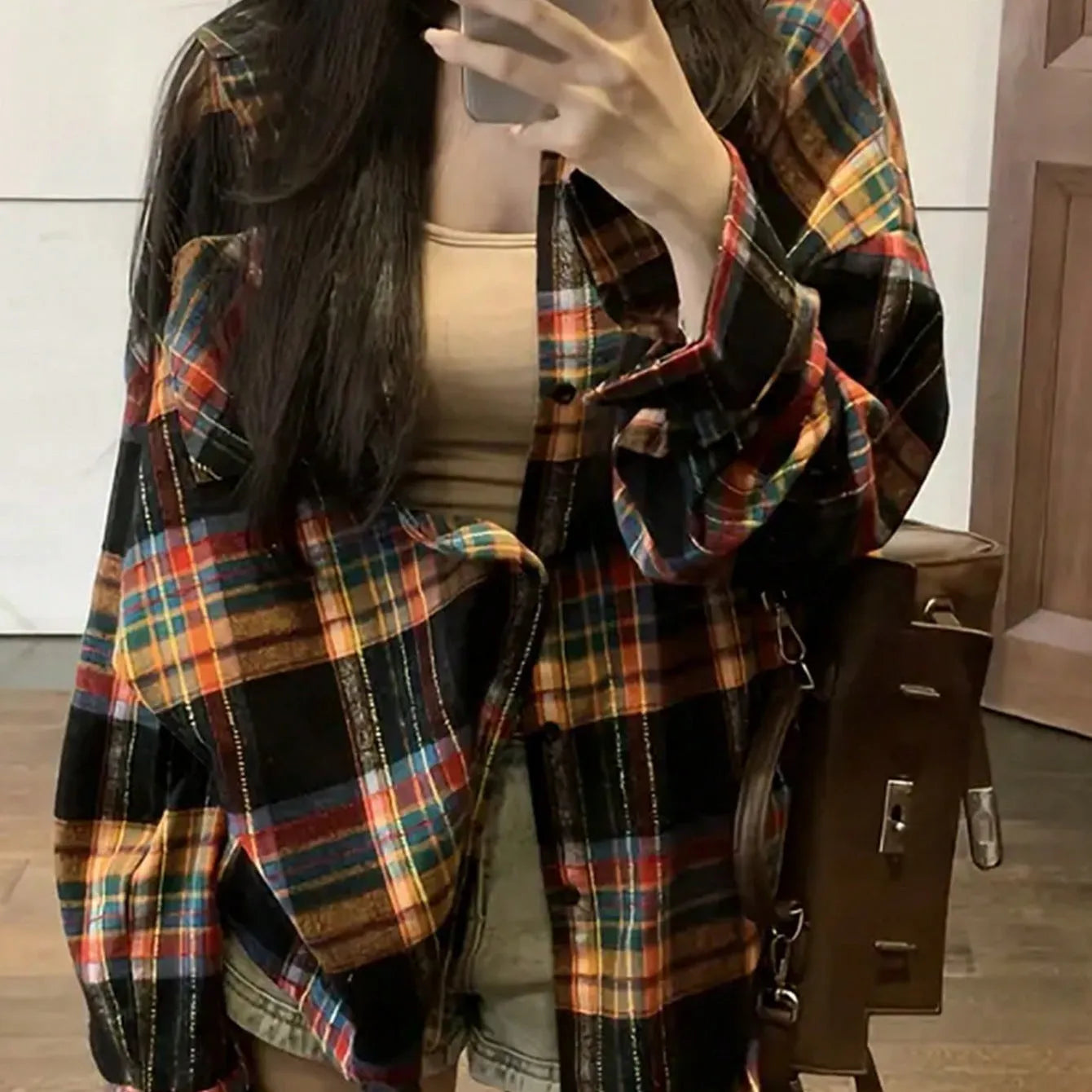 Women's loose-fit retro plaid shirt in cotton with black, green, and purple colour options