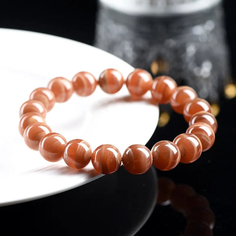 Natural Old Mine Rhodochrosite round beads bracelet with geometric Ruyi design elements