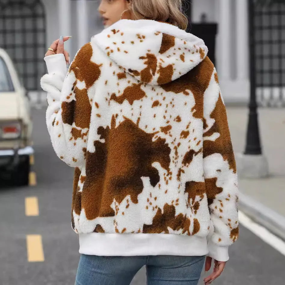 Yellow brown cow animal print plush hooded cardigan jacket for men with zip front.