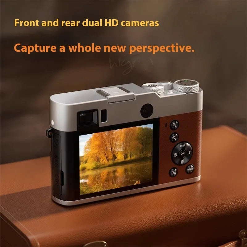 Black and brown 5K digital camera with dual lenses, optical viewfinder, and 2.88-inch LCD display