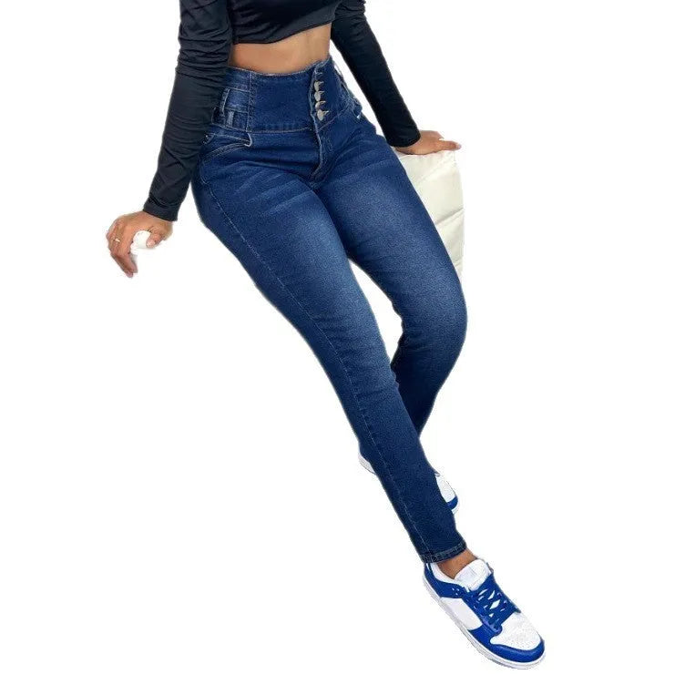 Dark blue women's denim trousers with a breasted front and straight-leg cut on a mannequin