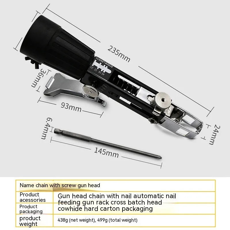 Electric screwdriver chain screw gun head attachment with automatic nail gun mechanism