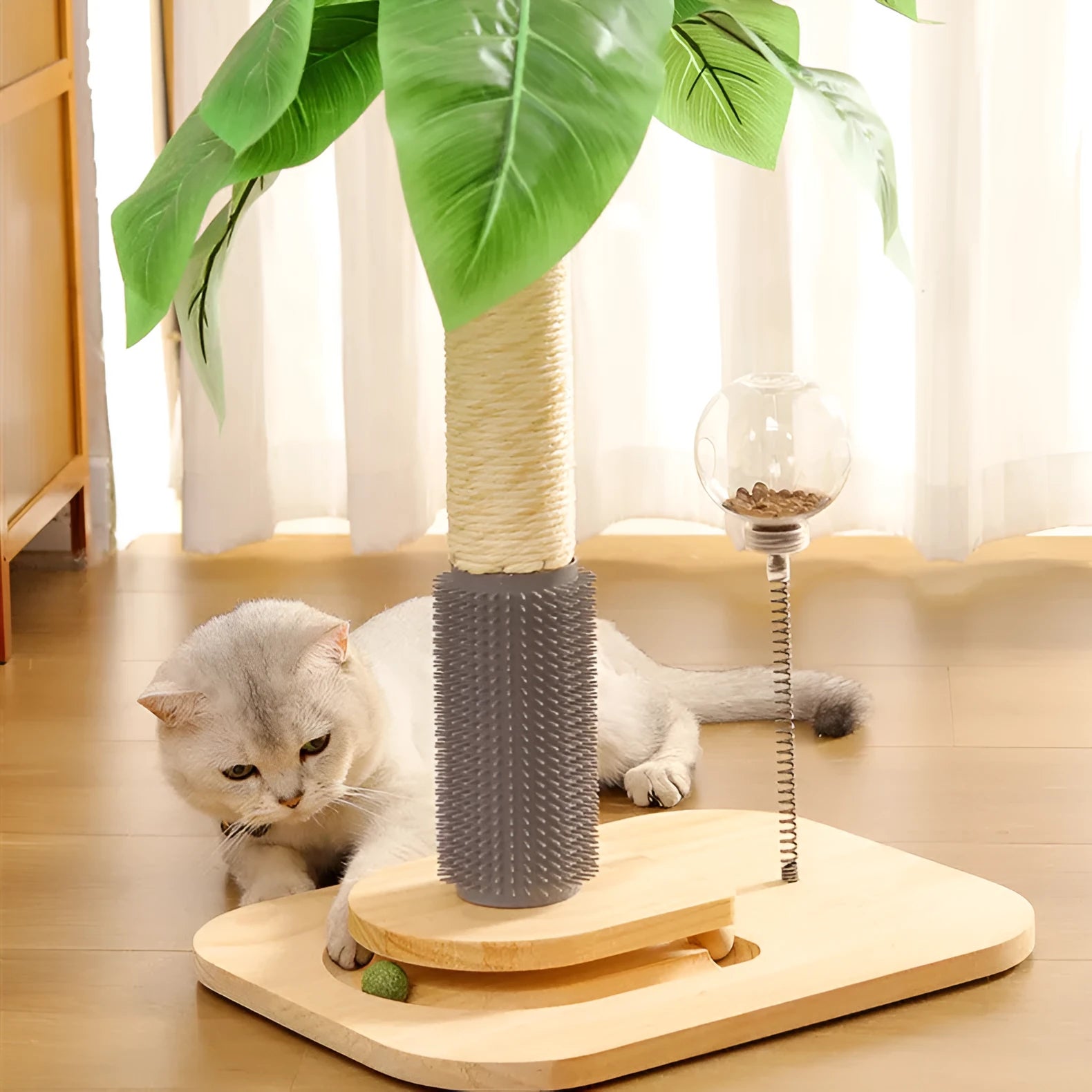 Wooden cat scratching post in canna colour with chamfered edges, standing vertically.