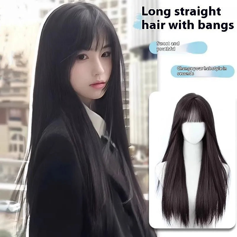 Long straight synthetic wig with bangs in brown-black colour on display