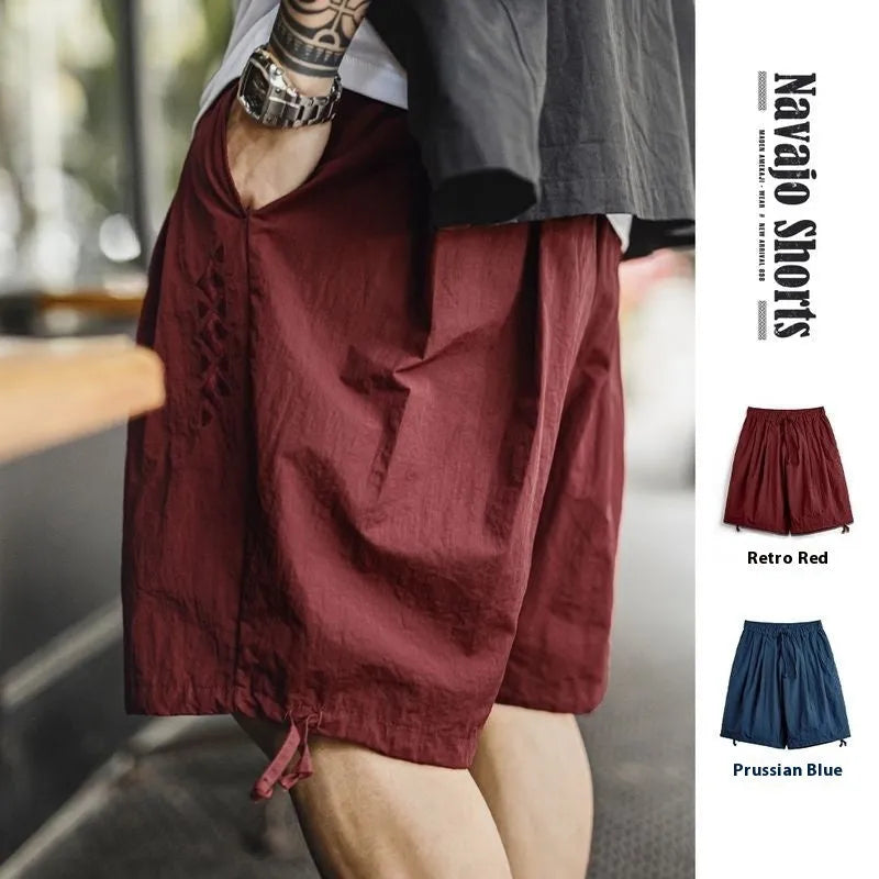 Men's loose Prussian Blue nylon summer shorts showing fifth pants length and non-elastic waistband.