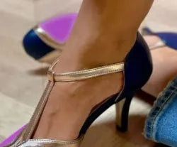 Women's round toe high heel shoes with button closure in blue light pink colour.