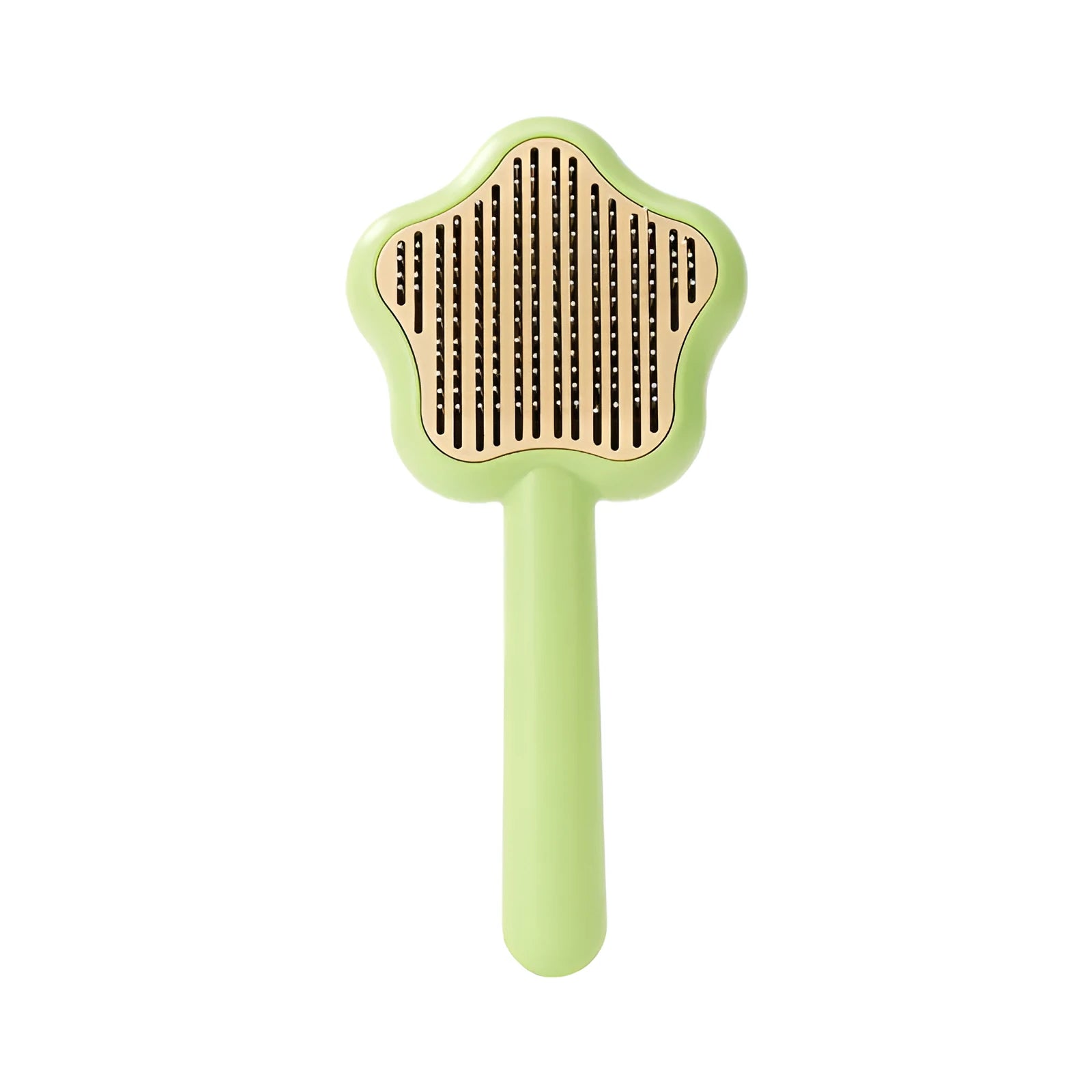 Green and yellow self-cleaning cat comb with stainless steel needles for pet grooming.