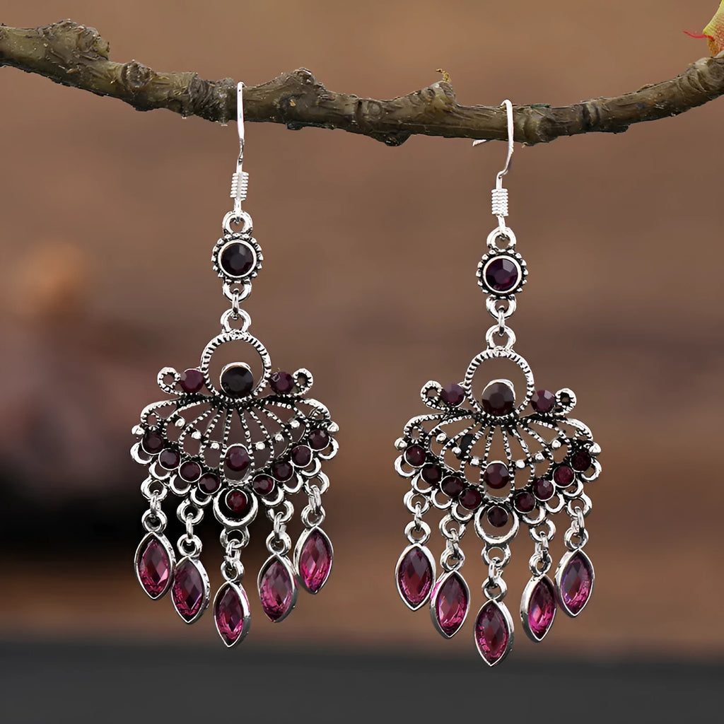 Purple retro fringe earrings with crystal drops and ethnic styling