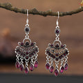 Purple retro fringe earrings with crystal drops and ethnic styling