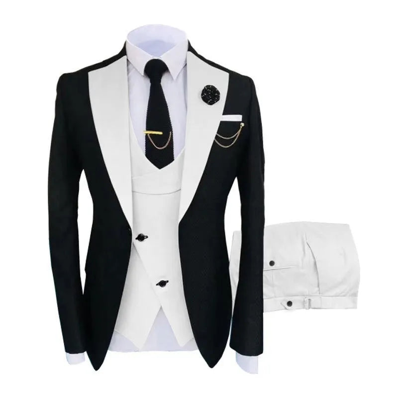 Men's slim fit three-piece business suit with coat, vest, and trousers in cotton fabric.