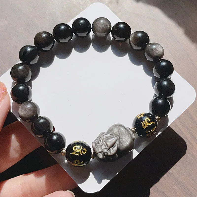 Men's silver bracelet with engraved zodiac symbols and Chinese proverbs on silver stone beads