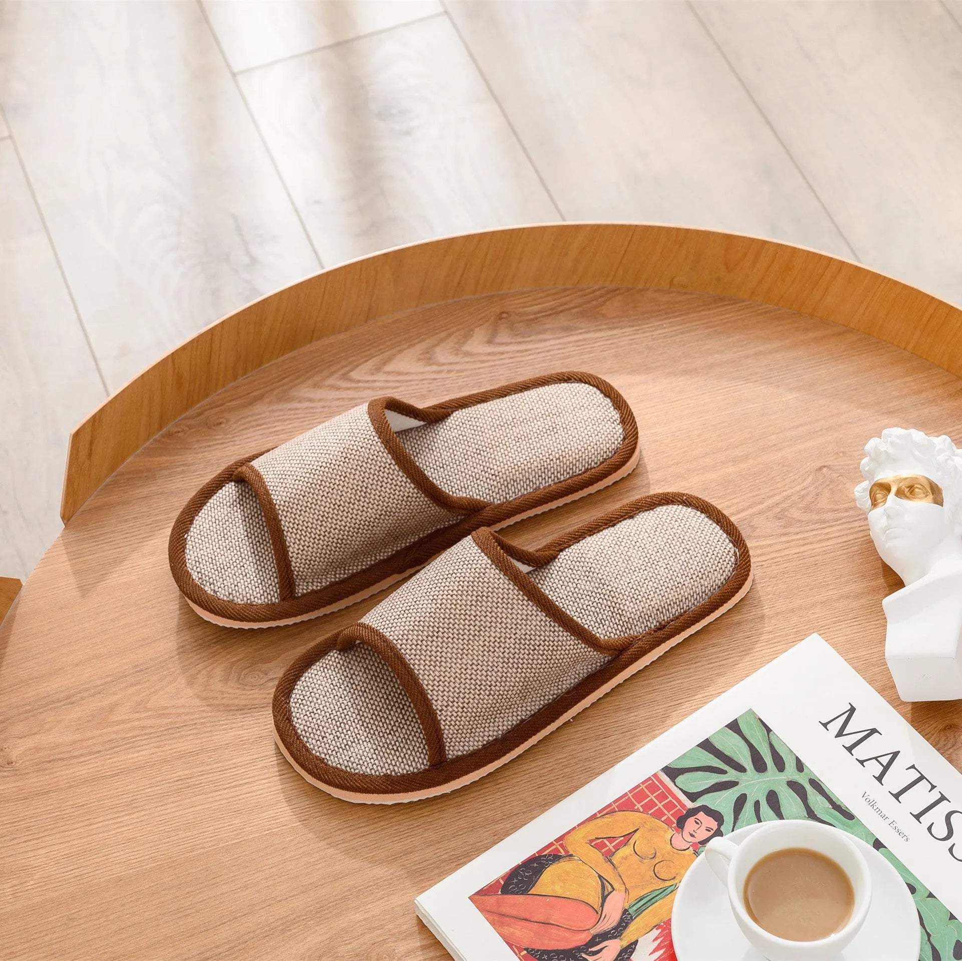 Women's open toe slippers in linen material, shown in a light brown colour with thickening sole.