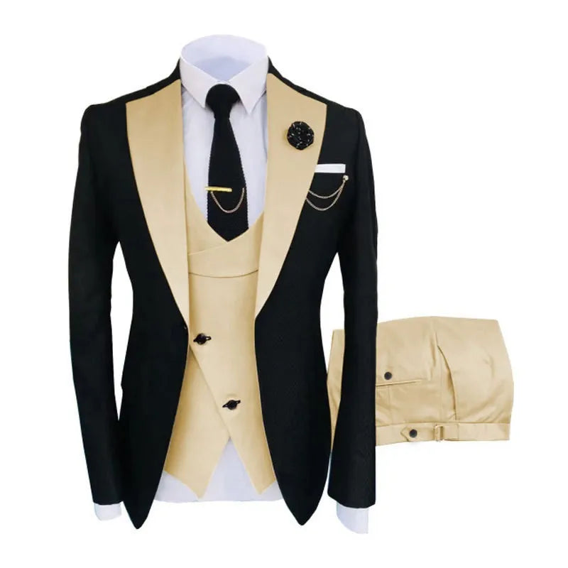 Men's slim fit three-piece business suit with coat, vest, and trousers in cotton fabric.