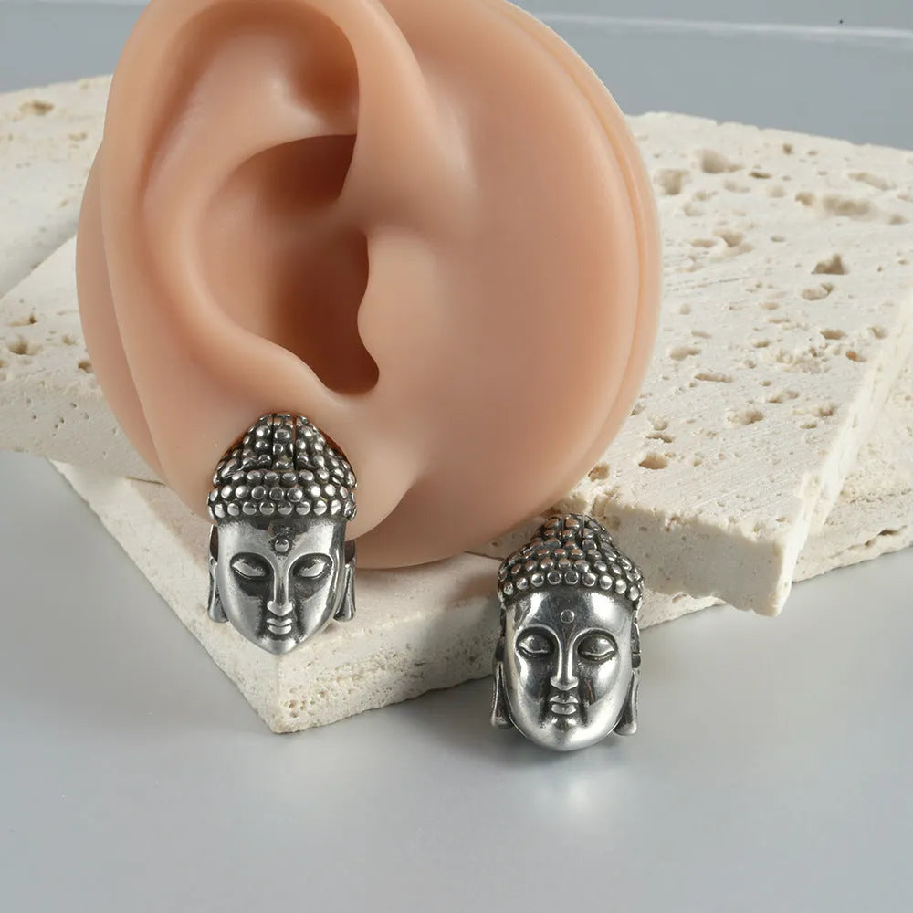 Personalised stainless steel hollow skull Buddha earrings with electroplated colour finishes