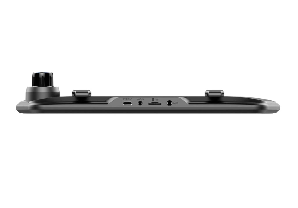 Black dual-lens driving recorder with 9.66-inch touch screen mounted on car rearview mirror.