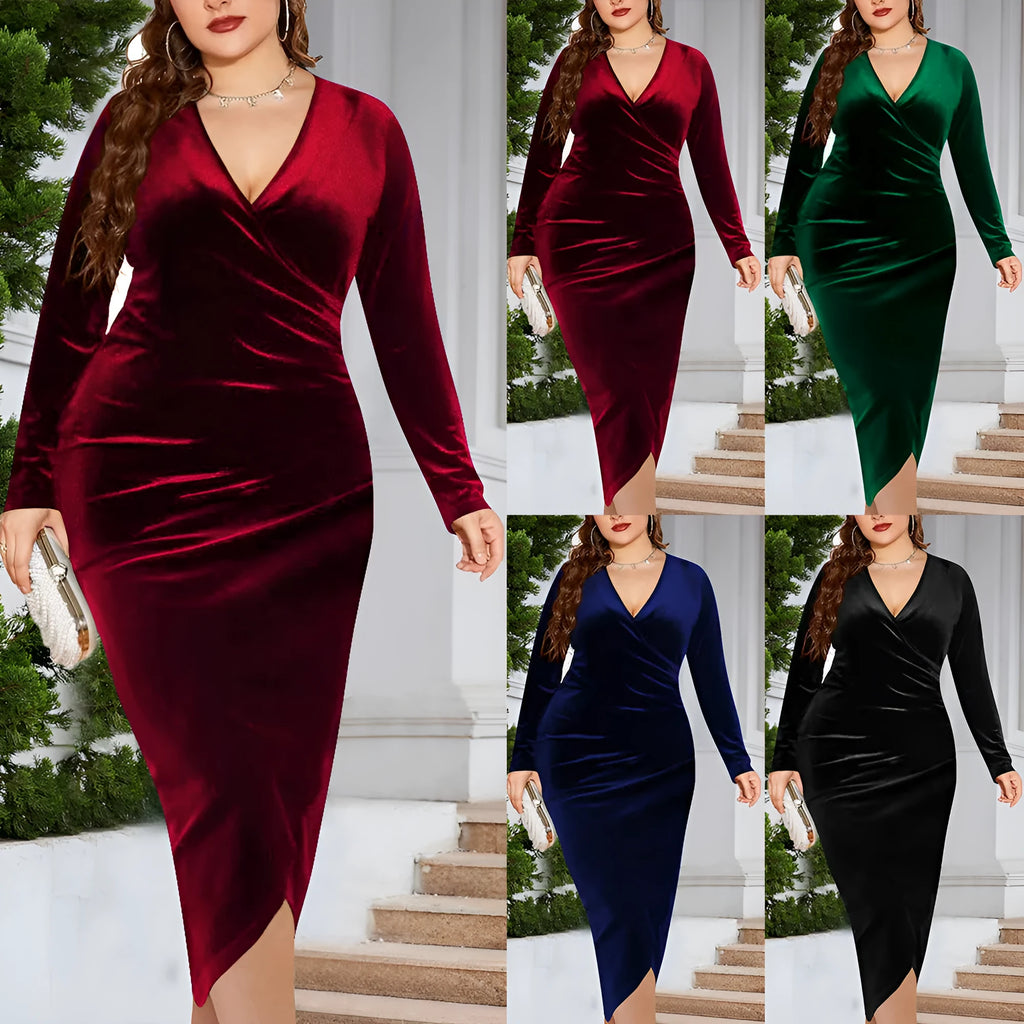 Women's red V-neck long sleeve dress on a hanger, plus size Asian sizing.