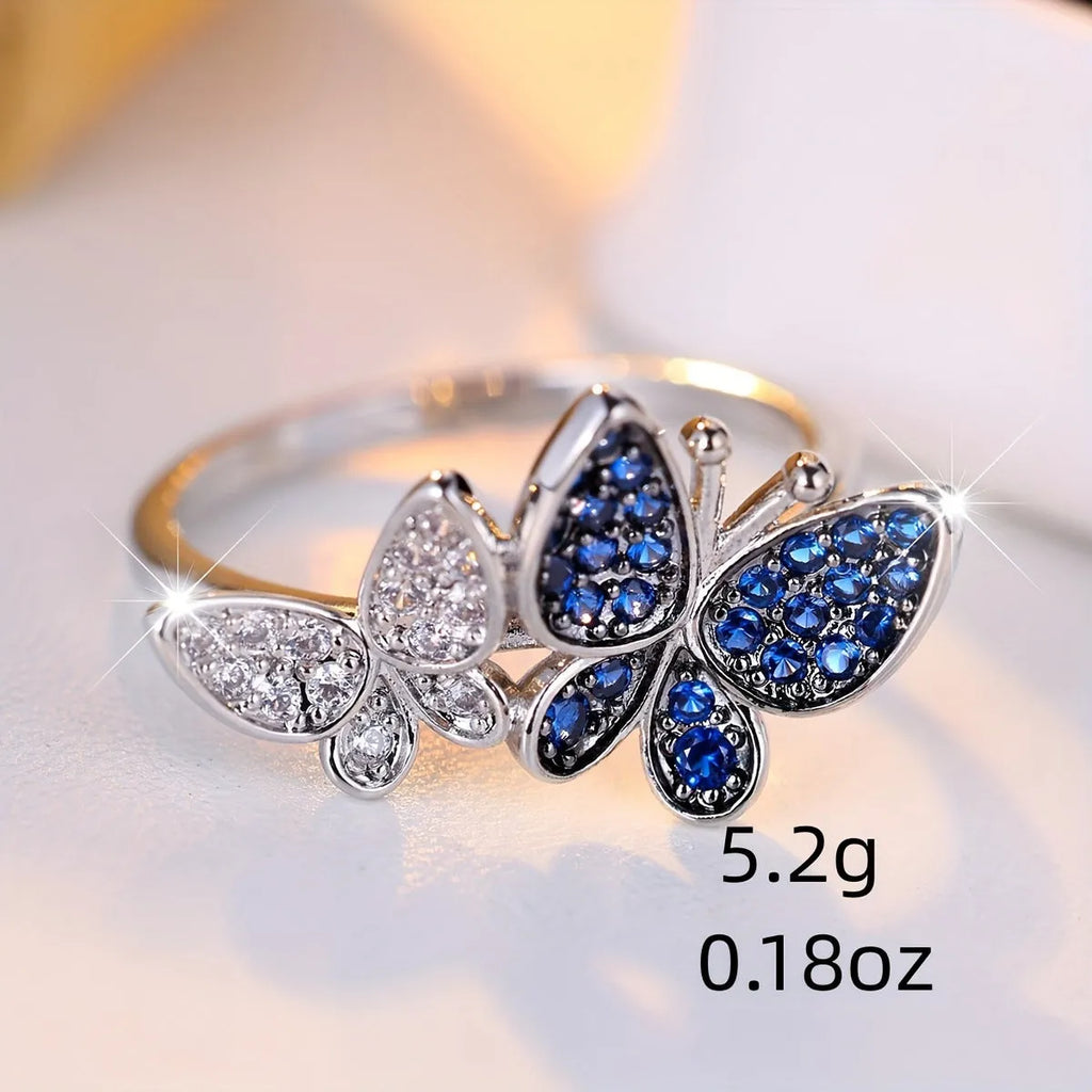 Blue and white butterfly ring TJZ40135 made from copper with electroplated finish, ring size No 8