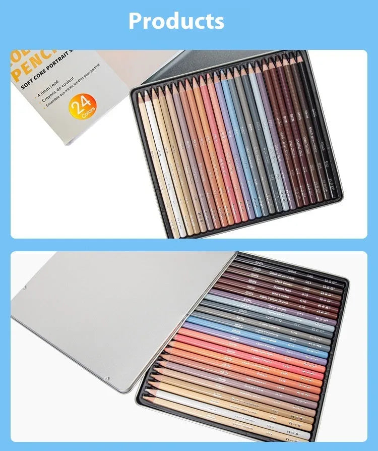 24 skin tone portrait drawing pencils in iron box case for hand-painted artwork