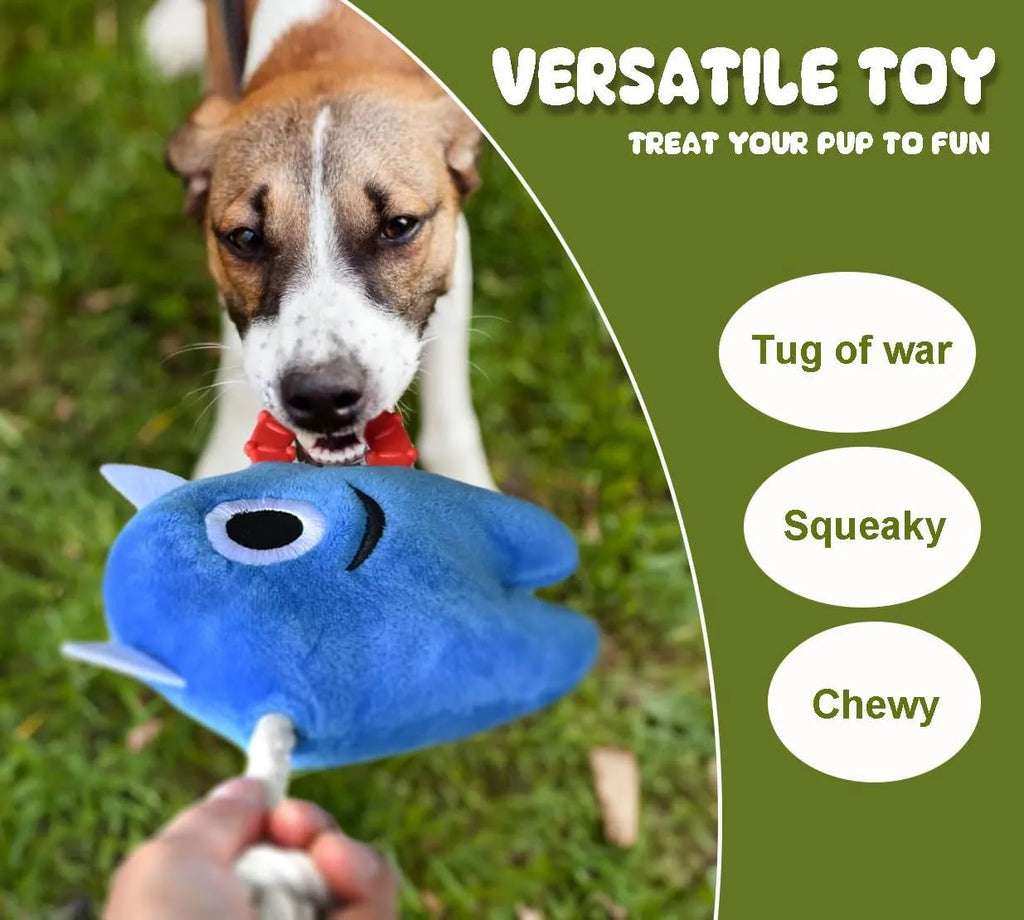 Large blue plush and rope dog chew toy with squeaker for aggressive chewing and tugging play