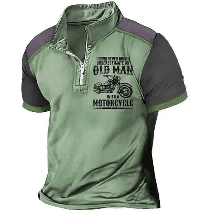 Men's casual polo shirt with digital letter printing and lapel, short sleeves, available in multiple colours and sizes.