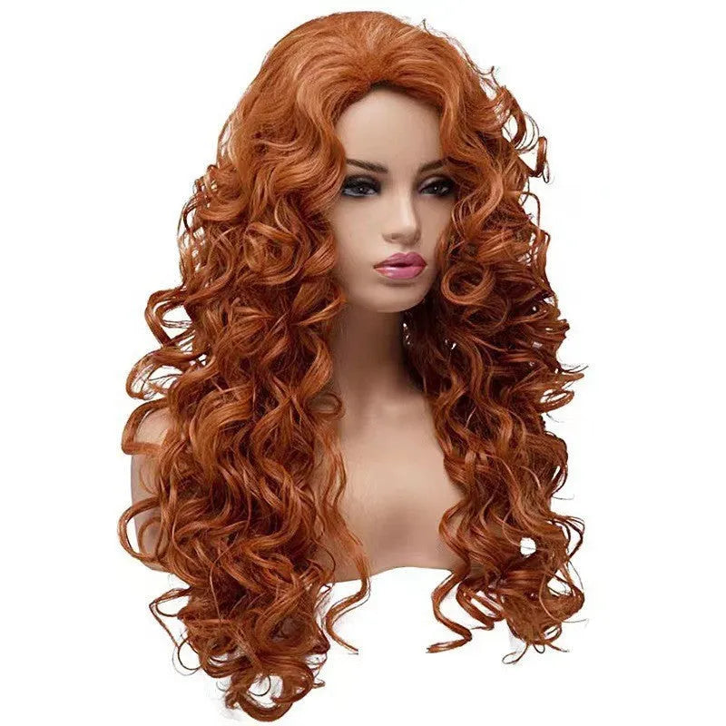 Brown long wavy curly synthetic wig on a wig head, for cosplay or Halloween.