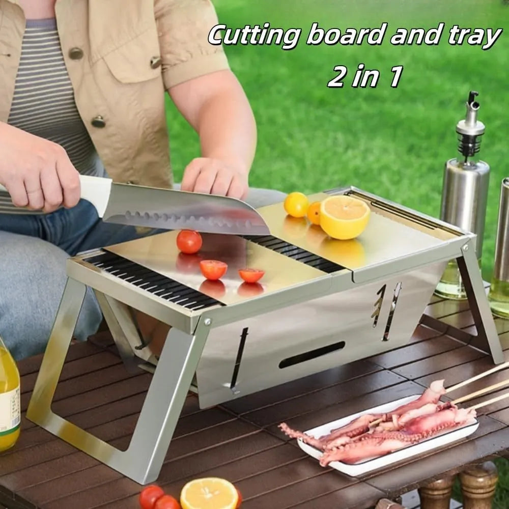 Small foldable portable charcoal grill for outdoor camping and picnics