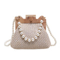 Women's woven straw shoulder bag with pearl chain strap and zippered interior pockets in beige, black, or khaki