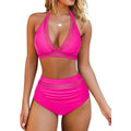 Women's black polyester fibre bikini swimsuit top and briefs on a mannequin.