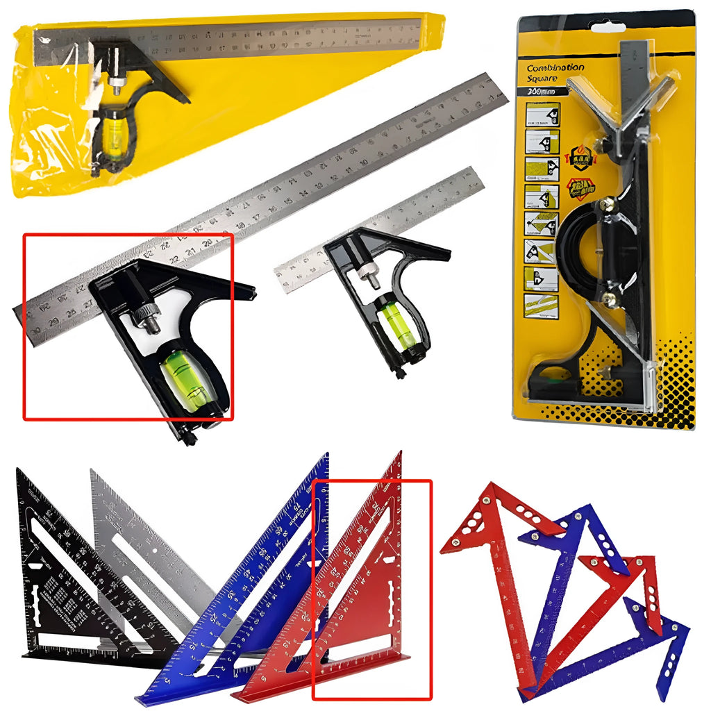 Red metal combination angle ruler with metric measurements and transparent storage bag