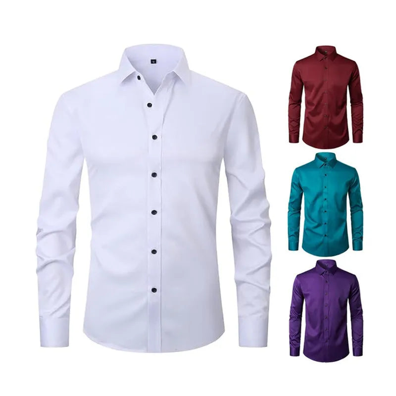Men's stretch long sleeve shirt in polyester on a hanger, showing the button front and long sleeve design.