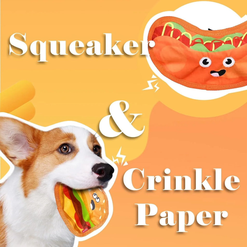 Food-themed crinkle squeaky dog toys in burger, fries, hot dog, and pizza designs for interactive play