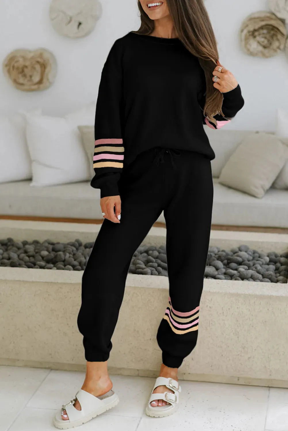 Black striped drop shoulder round neck pullover and matching jogger pants active outfit two-piece set
