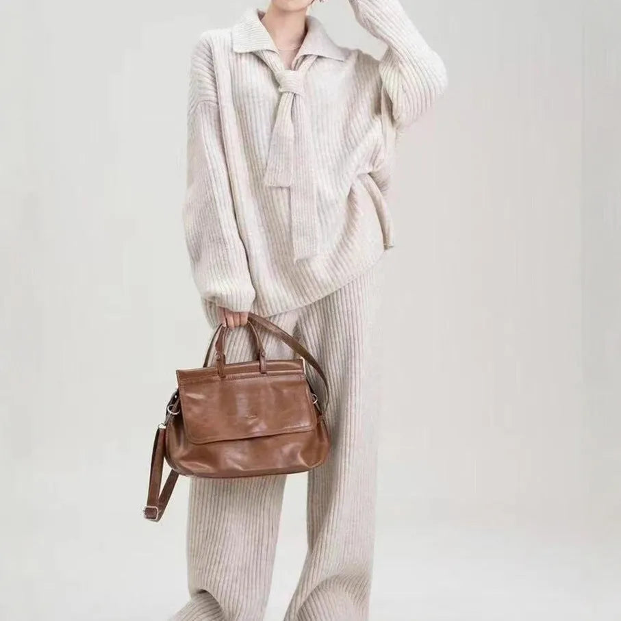 Imitation cashmere sweater suit two-piece set in four colours with long sleeves and trousers