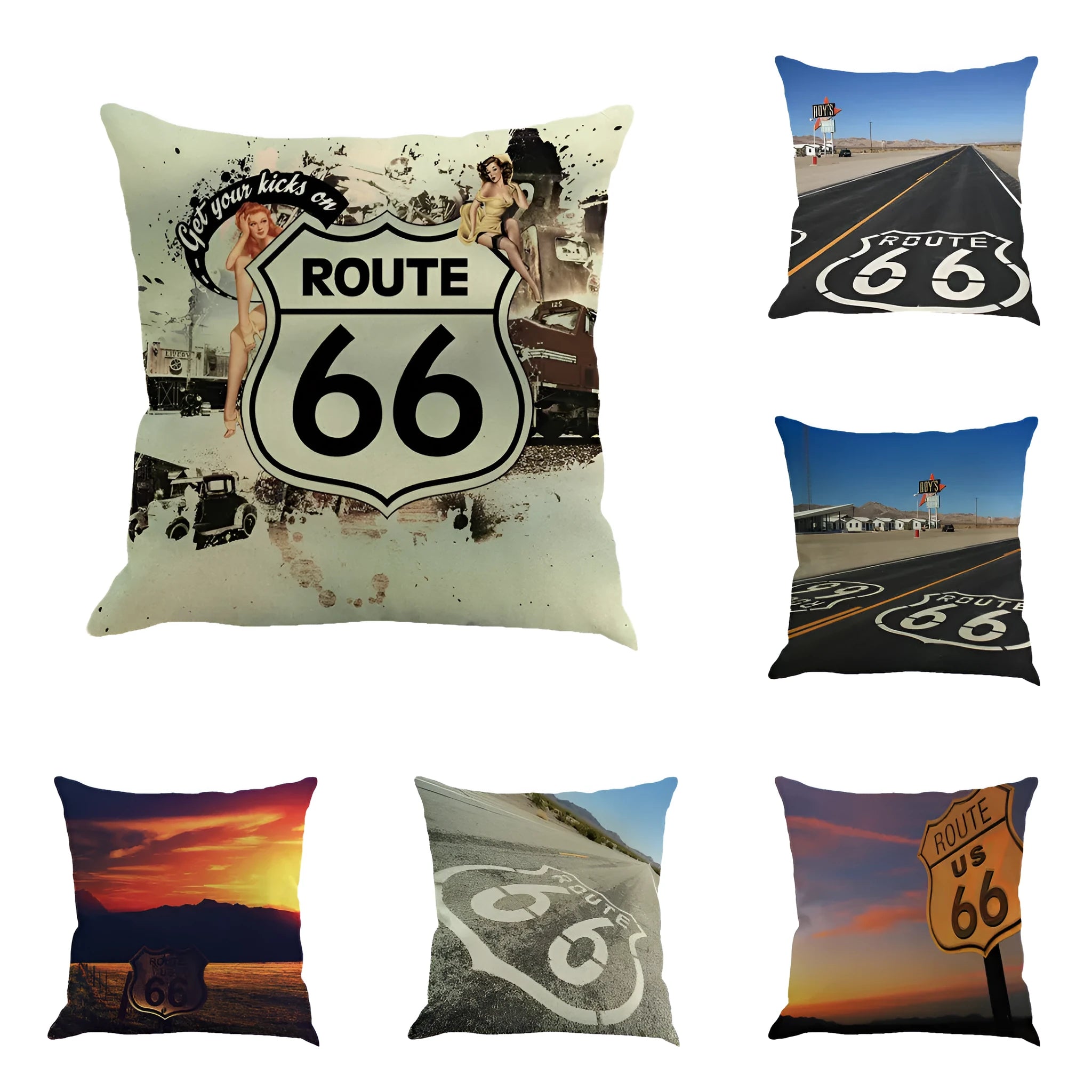 Linen cushion cover with Route 66 landscape pattern measuring 45cm by 45cm in European style