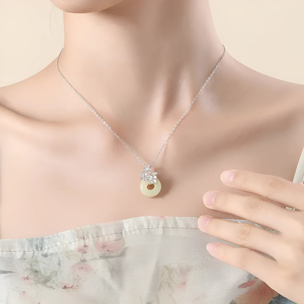 Natural Hetian jade safety buckle pendant with silver frame on adjustable cross chain, white gold electroplated finish